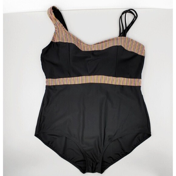 Ulla Popken Swimsuit Womens 28 Black Rainbow Stripe Strap Front Self-Bra Lined - Picture 1 of 14